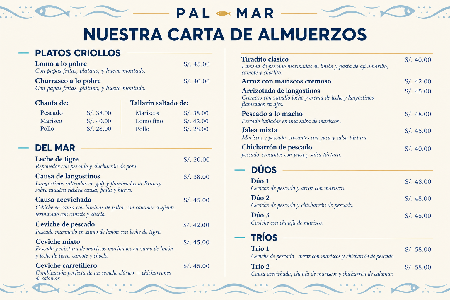 Menú Marino PalMar Nuestra Carta de Almuerzos